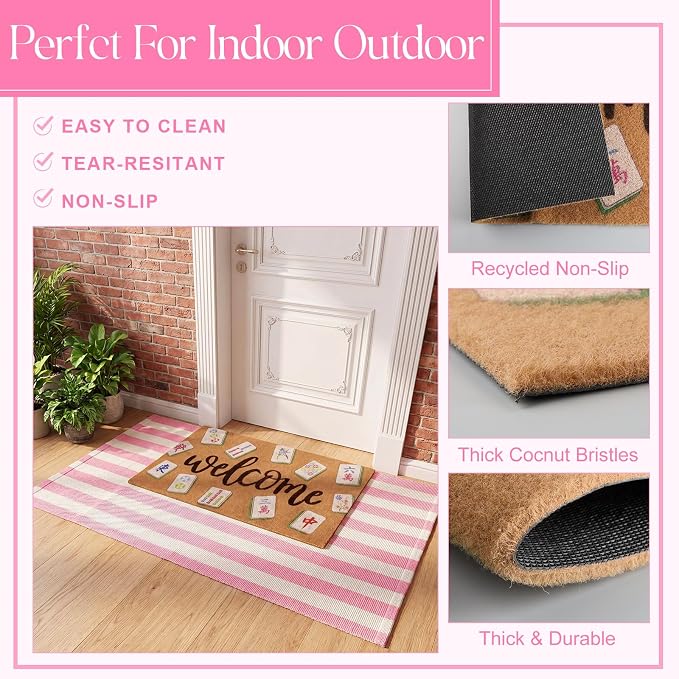 2 Pcs Outdoor Door Mat Combo Set Layered Outdoor Rug and Coir Welcome Doormat Non Slip Outside Floor Mat for Front Porch Entryway Patio Yard Decor(Mahjong,24'' X 51',18'' X 28'')