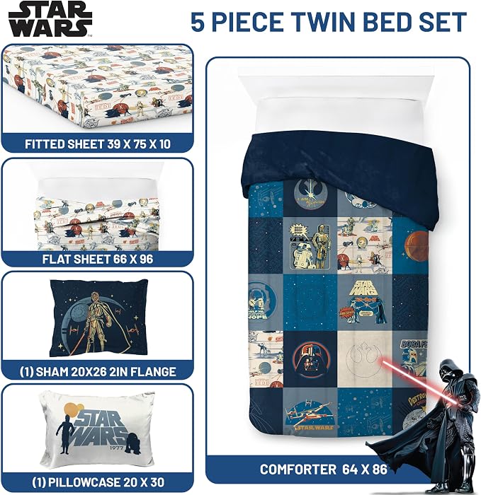 Jay Franco Star Wars Twin Comforter Set 5 Piece Soft Bedding for Boys, Blue | Darth Vader Yoda, Bed in a Bag, Comforter Sheets Sham Pillowcase, Official Product, Microfiber, Machine Washable, Boys Gift