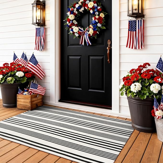 OJIA Black and White Outdoor Rug 24"x51" Front Door Mat Fall Porch Decor | Machine Washable Outdoor Doormat Woven Front Porch Rug Indoor Door Mat Entryway Striped Rugs for Farmhouse/Kitchen/Entrance