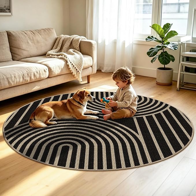Capslpad Round Faux Jute Rug 6ft Washable Non Slip Area Rugs for Living Room Boho Circle Patio Carpet Low Pile Geometric Indoor Outdoor Rug for Backyard Bedroom Kitchen Entryway,Black&Nature
