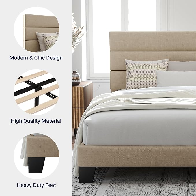 Allewie Queen Size Platform Bed Frame with Fabric Upholstered Headboard | Wooden Slats Support, Fully Upholstered Mattress Foundation, No Box Spring Needed, Easy Assembly, Noise-Free, Beige