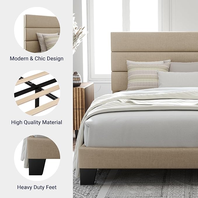 Allewie Full Size Platform Bed Frame with Fabric Upholstered Headboard | Wooden Slats Support, Fully Upholstered Mattress Foundation, No Box Spring Needed, Easy Assembly, Noise-Free, Beige