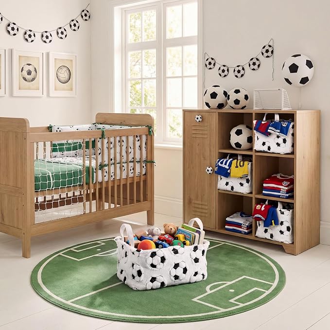 2 Pcs Soccer Storage Baskets 14x10'' Back to School Gift Basket Foldable Fluffy Laundry Storage Bin with Handle Sport Theme Closet Organizer for Preppy Dormitory Countertop Tabletop Shelf