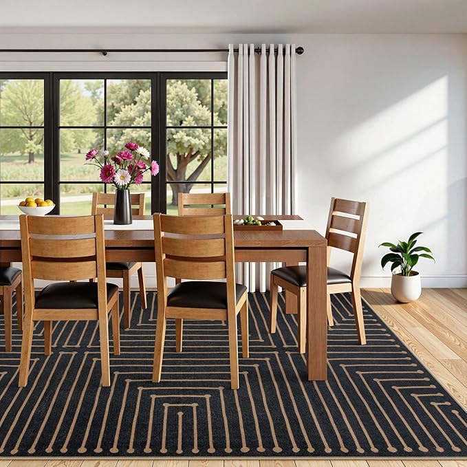 Lahome 8x10 Indoor Outdoor Rug, Black Easy Jute Farmhouse Geometric Rug | Rhombus Non Slip Non Shedding Indoor Outdoor Carpet for Living Room Deck Dining Classroom Decor