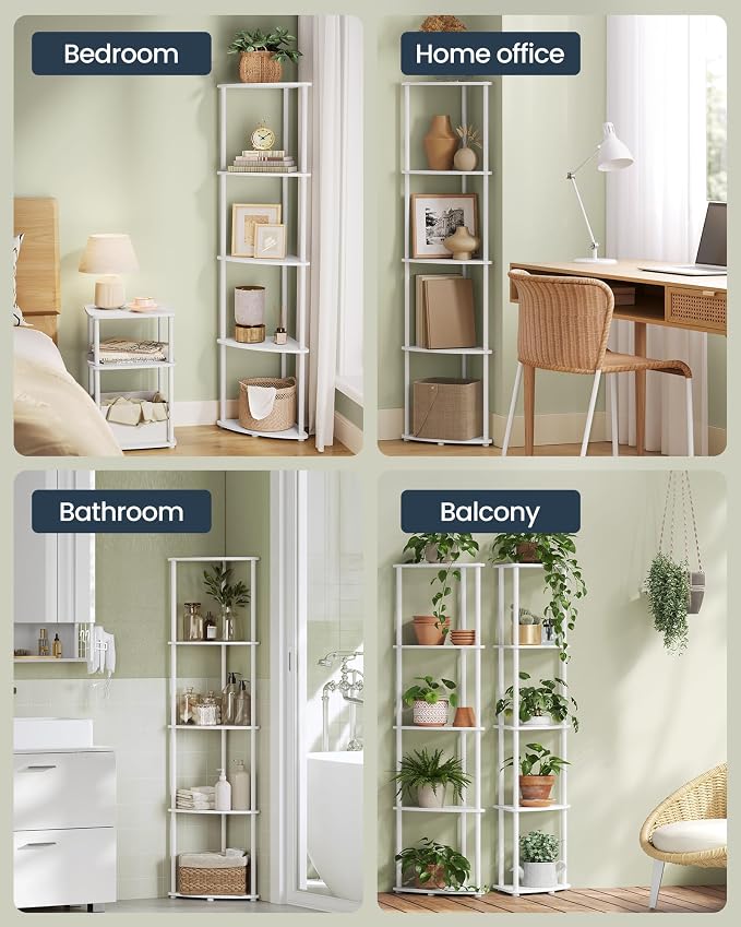 SONGMICS HOME Superfast Toolless Assembly, Corner Shelf Stand, 5-Tier Corner Standing Shelf, Living Room, Bedroom, Kitchen, 15 x 10.6 x 54.7 Inches, Snow White ULBC610W01