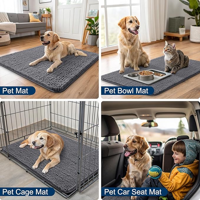 Smiry Dog Door Mat for Muddy Paws 36x24, Absorbent Dirt Trapper, Non-Slip Washable Chenille Entryway Rug for Inside Floor, Dark Grey, Classic Solid