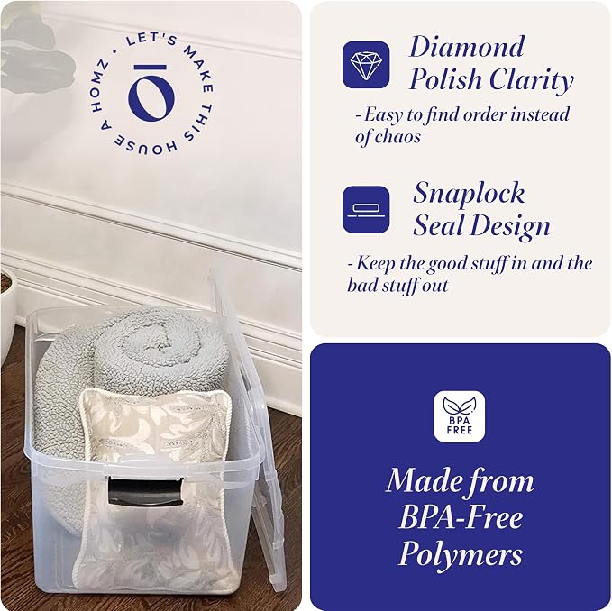 HOMZ Multipurpose 66 Quart Clear Storage Container Tote Bins with Secure Latching Lids for Home or Office Organization, (2 Pack) | Large Stackable Container Boxes for Homes, Bathrooms, Garages, and Office Organization