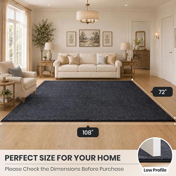 PURRUGS Easy Care Area Rug 6ft x 9ft, Non-Slip Washable Entryway Rug, Stain Resistant Accent Rug for Hallway, Living Room, Bedroom and Mudroom, Bluish Grey-Black