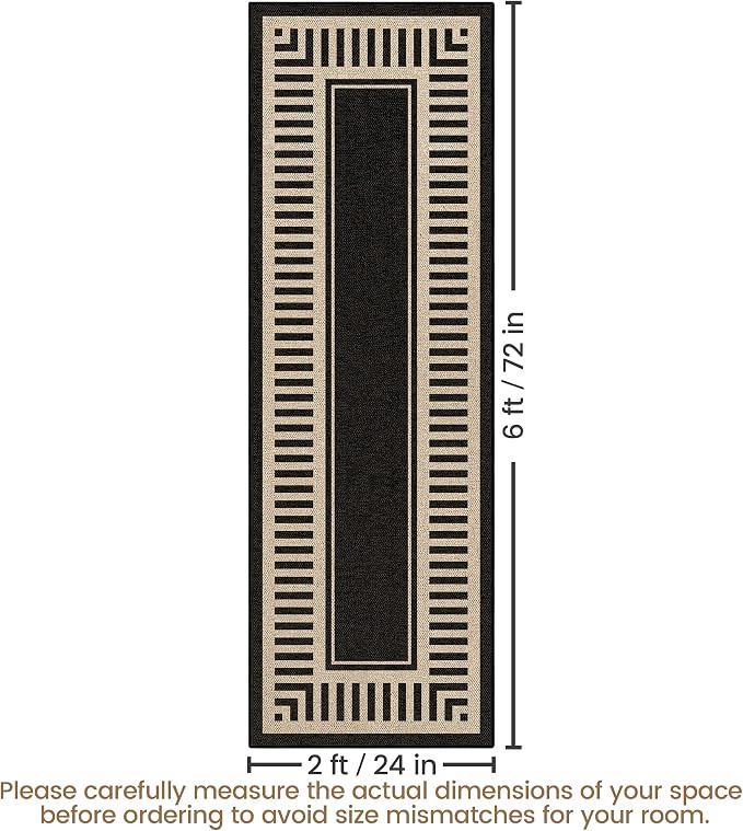 Washable Striped Easy Jute Runner Rug 2x6, Black Modern Geometric Outdoor Indoor Patio Bordered Rug, Woven Non Slip Thin Neutral Long Runner Carpet for Hallway Kitchen Entryway Porch Farmhouse