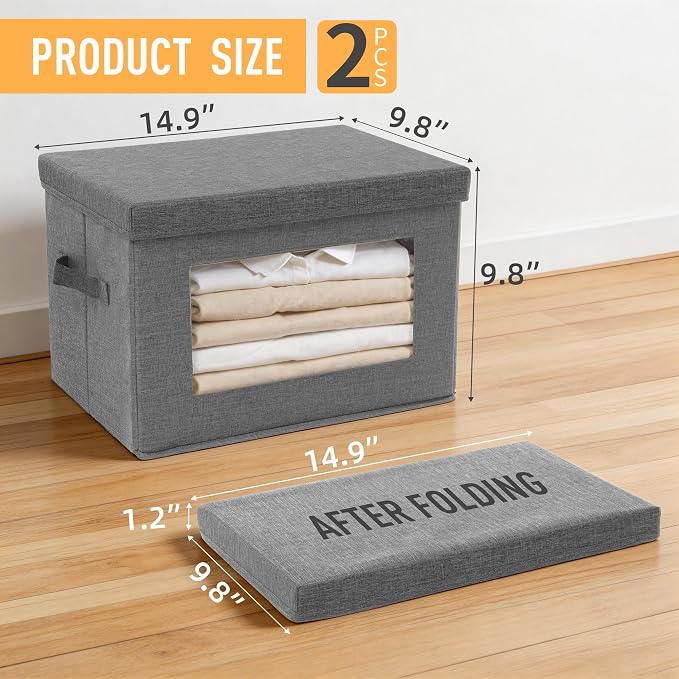 2-Pack Storage Bins with Lids & Clear Window, Foldable Fabric Closet Organizer Boxes, Stackable Cube Baskets with Soft Handles for Clothes & Blankets, 15", Grey