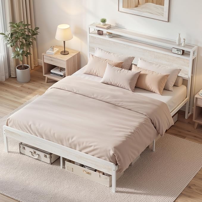 LIKIMIO Queen Bed Frame with 2-Tier Storage Shelf Headboard | Wood Platform Bed, Camas Queen with Strong Metal Supports, Sturdy, Noise-Free, No Box Spring Needed, White Maple