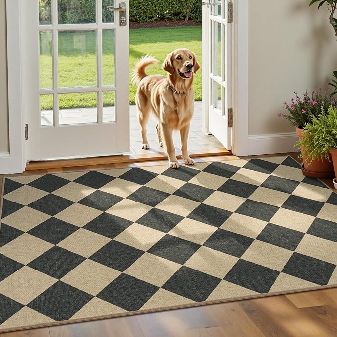 Lessymo Checkered 3x5 Outdoor Patio Rug, Washable Easy Jute for Entryway | Indoor Outdoor Living Room Carpet, Farmhouse Non Slip Door Mat for Backyard Bedroom, Stain Resistant, Diamond Black/Beige