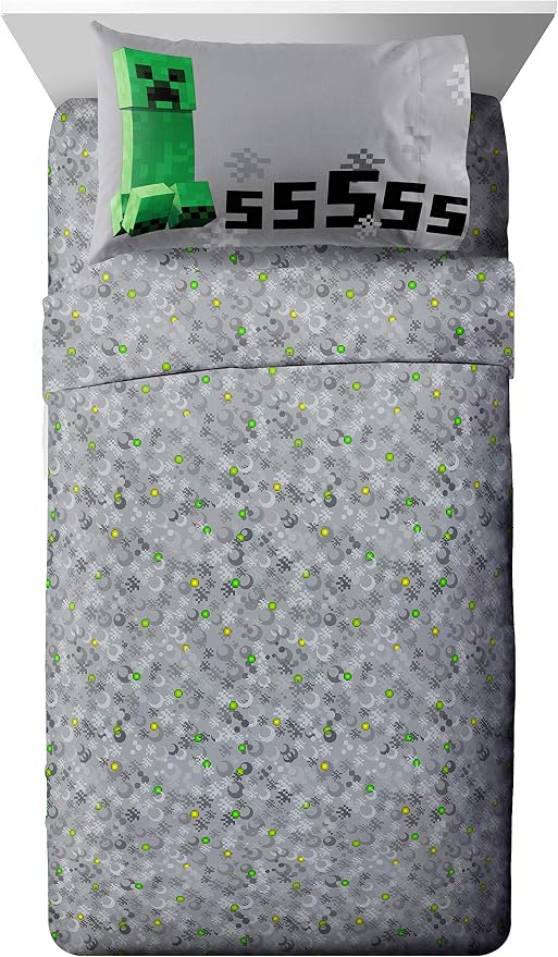 Minecraft Creeper Full Comforter Set 5 Piece Kids Bedding for Boys, Green | Bed in a Bag, Comforter Sheets Pillowcases, Official Product, Soft Microfiber, Machine Washable, Easy Care, Boys Gift