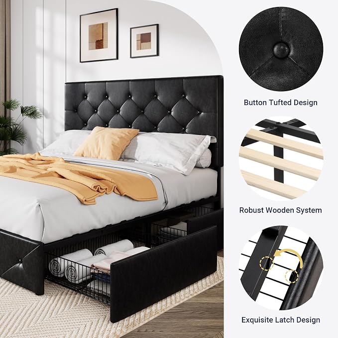 Allewie Upholstered Full Size Platform Bed Frame with 4 Storage Drawers and Headboard, Diamond Stitched Button Tufted, Mattress Foundation with Wooden Slats Support, No Box Spring Needed, Black