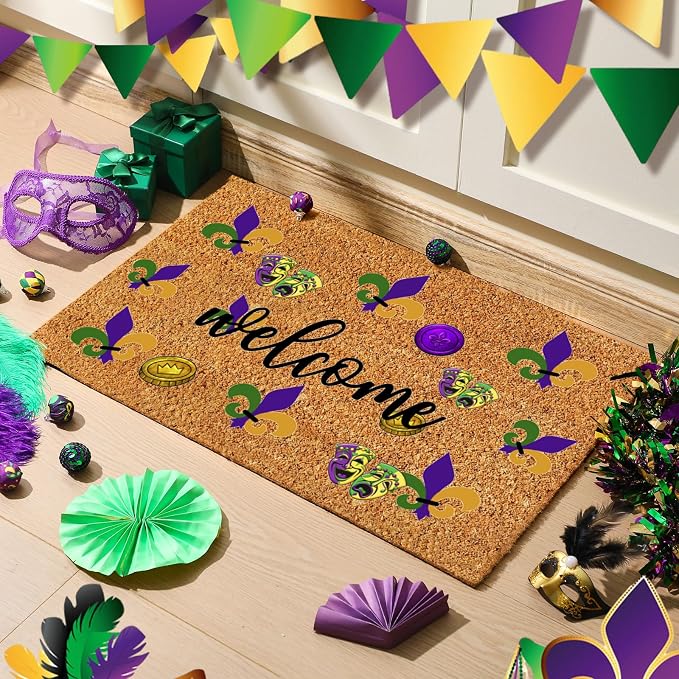 Ceenna Mardi Gras Coir Doormat Outdoor Mardi Gras Welcome Outdoor Rug Fleur De Lis Non-Slip Coir Carnival Front Door Mats Purple Yellow Green Decorations for Front Porch Entryway Bathroom Decor