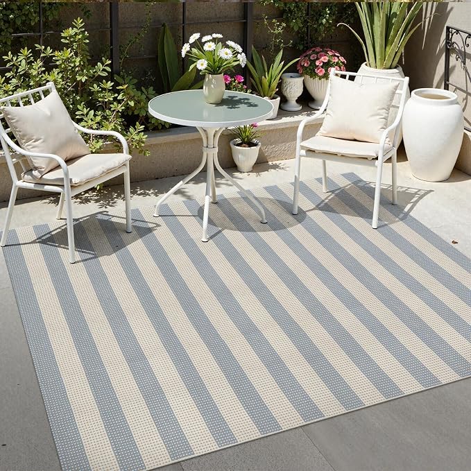 OJIA Striped Area Rug 5'x7' Outdoor Rug, Washable Patio Rugs Camping Rug | Farmhouse Cotton Woven Bedroom Rugs Indoor Outdoor Rugs Living Room Carpet for Dining Room Deck Backyard Camping Blue/White