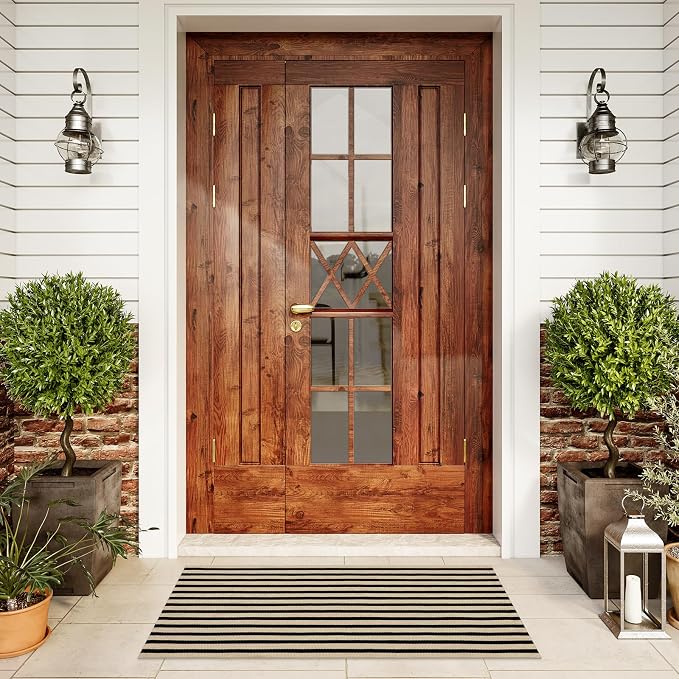 LEEVAN Black and White Outdoor Rug 2x4.3, Outside Entrance Door Mat, Washable Welcome Layering Rugs Farmhouse Front Porch Mats Outside Striped Layered Front Doormat for Porch/Entryway