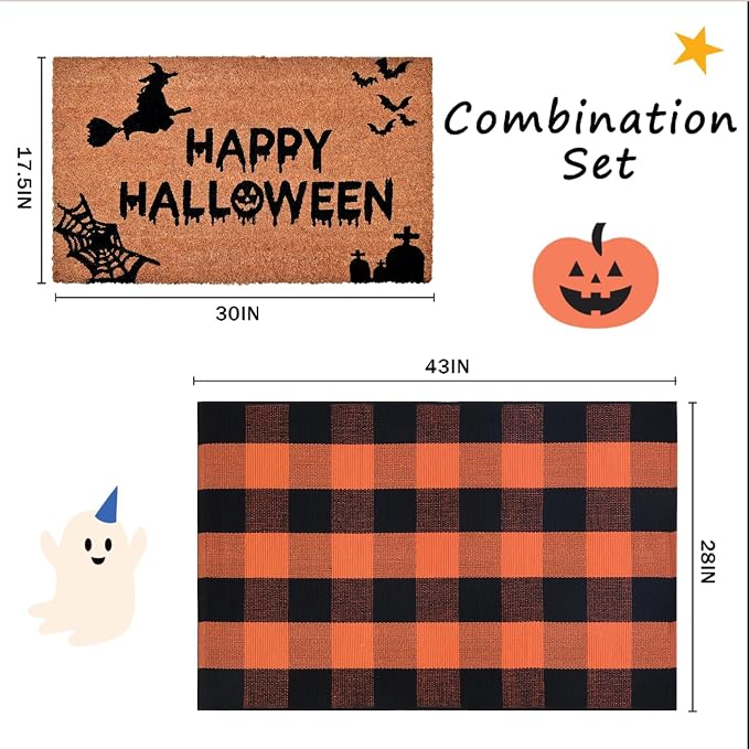 Halloween Decor Doormat Combo Set, 100% Coco Coir Welcome Mat + 28 x 43 Inches Orange and Black Plaid Rug - Halloween Fall Front Porch Entryway Decor Floor Mat, Outdoor Autumn Mats Happy Halloween