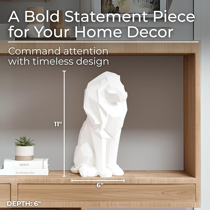 Sitting Lion Decorative Figurine – Tall Polyresin Decor Sculpture Accent – Geometric Figurines & Sculptures Home Decor for Office, Bedroom & Living Room – 11", White