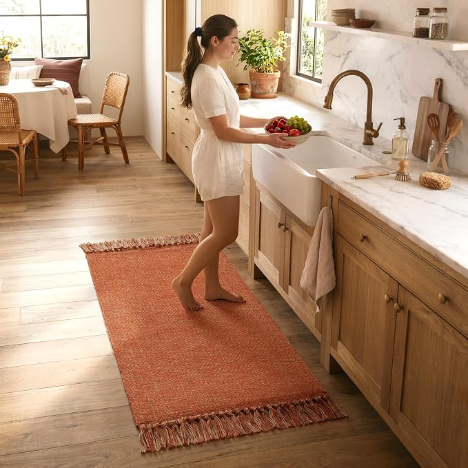 Collive 2' x 4.3' Indoor Outdoor Rug, Modern Farmhouse Kitchen Runner Rugs Hand-Woven Bathroom Mat, Washable Entry Carpet Reversible Front Door Mats for Laundry Bedroom Porch Terracotta Fall Decor