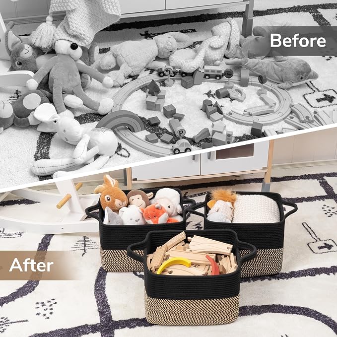 Goodpick Cotton Rope Storage Basket for Shelves, 13" x 10" x 9", Black | Gift Basket for Books, Toys & Towels Storage, Living Room & Bedroom Organization, Built-In Handles, Stylish Home Decor