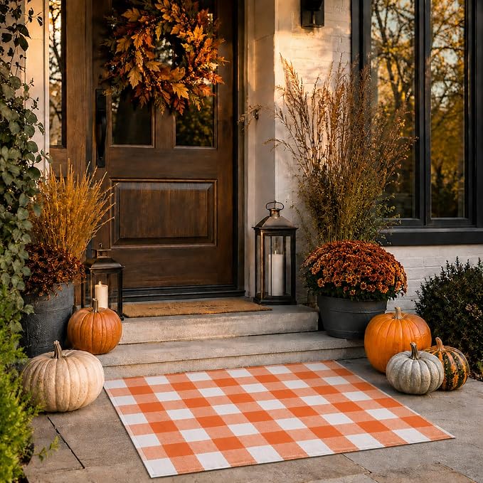 Buffalo Plaid Area Rug, Checkered Rug 27.5x43 Inches, Orange and White Rug, Washable Cotton Mat for Front Porch, Entryway, Kitchen, Living Room, Fall Decor