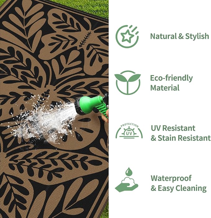 GENIMO Outdoor Rug, Waterproof Plastic Rugs for Patio, 5'x8' Black | Outside Larger Leaf Carpet Mat for Porch Decor, Deck, Balcony, Camping, RV, Backyard, Picnic, Beach, Reversible, Foldable