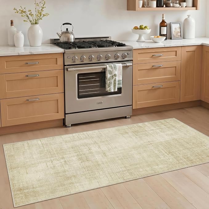 Joydeco Washable 2x5 Hallway Runner Rug Classic, Beige | Water Resistant Low Pile Non Slip Backing for Kitchen Entryway Bedroom Bathroom Dining Room