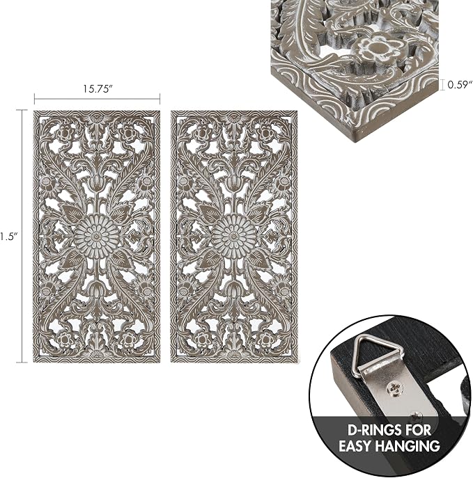 Madison Park Wall Décor for Living Room - Botanical Panel, Home Accent Modern Kitchen Dining Decoration, Ready to Hang 2-Piece Distressed Carved Wood Panel Set for Bedroom, 15.75"W x 31.50"H, Antique Green