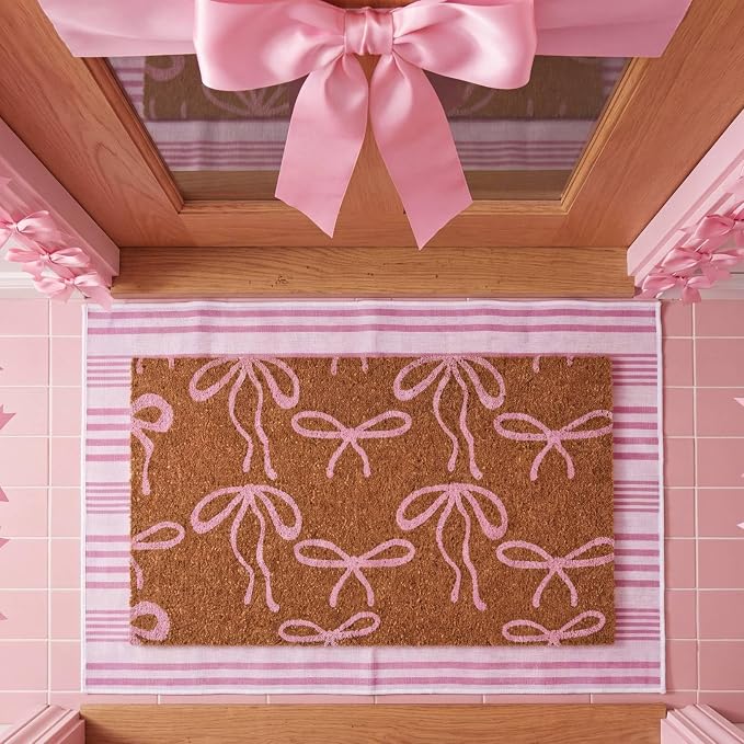 Moucuny 2 Pcs Pink Bow Coir Doormat Outdoor 16 x 28 Inches Coquette Welcome Door Mat 24 x 35 Inche Pink and White Striped Rug Non Slip Bow Coquette Coir Mats for Front Door Porch Entryway Decor