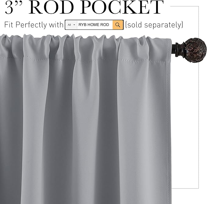 RYB HOME Blackout Curtains for Bedroom Living Room 72 inches Long, Thermal Insulated Privacy Rod Pocket Drapes for Nursery Office Home Theater, Width 42 by Length 72, Silver Grey, 2 Panels