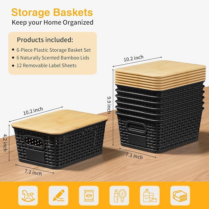 6 Pack Plastic Storage Baskets, Black bamboo lid storage Box | Labels, Stackable, For Organizing Shelves Pantry Drawers Desktop Closets Organizing Desktop Closet Playroom Classroom