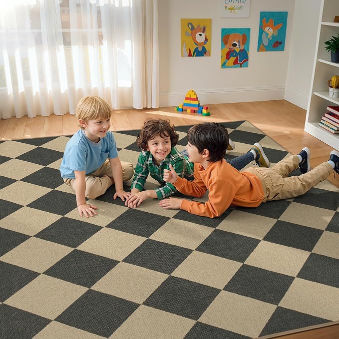 Lessymo Area Rugs 8x10 for Living Room, Easy Jute Washable Patio Outdoor | All Vacuums Compatible, Non Slip Indoor Carpet for Bedroom Backyard Dining Room, Kid Pet Friendly, Diamond Black/Beige
