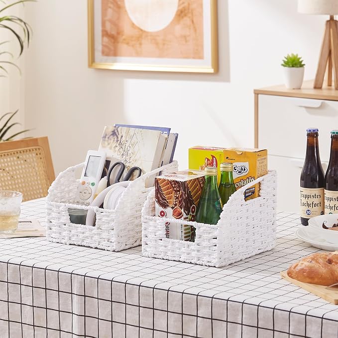 OIAHOMY Pantry Baskets for Organizing, Paper Rope Baskets with Built-in Handles, Wicker Storage Bints for Shelves, 2 Pack-White