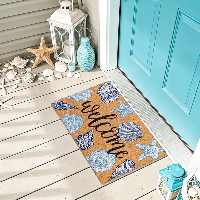 JarThenaAMCS Seashell Beach Doormat Natural Coir Welcome Floor Mat Blue White Coastal Starfish Conch Non-Slip Entrance Door Rug for Summer Indoor Outdoor Home Bathroom Decor