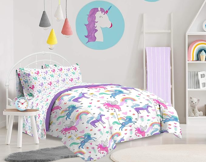 Trend Collector Twin Comforter Set 4 Piece Kids Unicorn Bedding, White | Bed in a Bag, Comforter Sheets Pillowcase, Official Product, Soft Microfiber, Machine Washable, Easy Care, Girls Gift