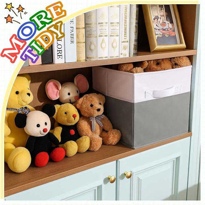 Yinder 6 Pcs Cube Storage Bin White Gray 10.5''x10.5''x11'' Storage Bins for Playroom Decor Colorful Bins for Kids Foldable Baskets for Nursery Organizer Boxes Fabric Boxes