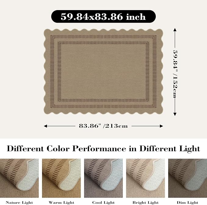 Scalloped 5x7 Rug for Living Room, Easy Jute Washable Outdoor Patio Carpet, Farmhouse Indoor Brown Geometric Rug Neutral Non Slip Carpet for Living Room Backyard