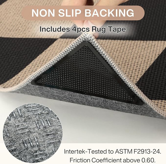 Tribesigns 5x7 Black Checkered Easy Jute Outdoor Patio Rugs for Backyard | Washable, Non-Slip Diamond Rug for Living Room, Porch, Dining Area, Camping, Rv and Indoor Outdoor Use, Includes 4 Rug Tapes