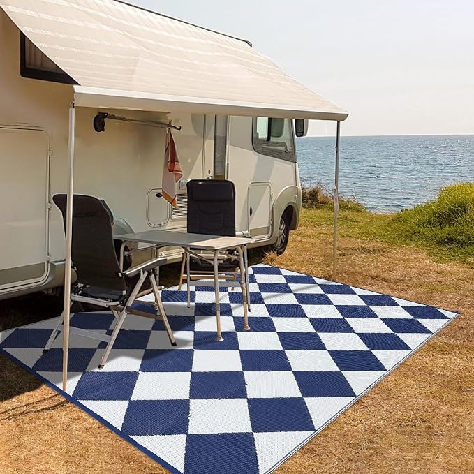 GarveeLife 9x18 Outdoor Rug for Patio Reversible, Plastic Straw Rug Waterproof Camping Rug Portable, Foldable Lightweight Mat for RV, Patio, Backyard, Deck, Picnic, Beach (Dark Blue/White)