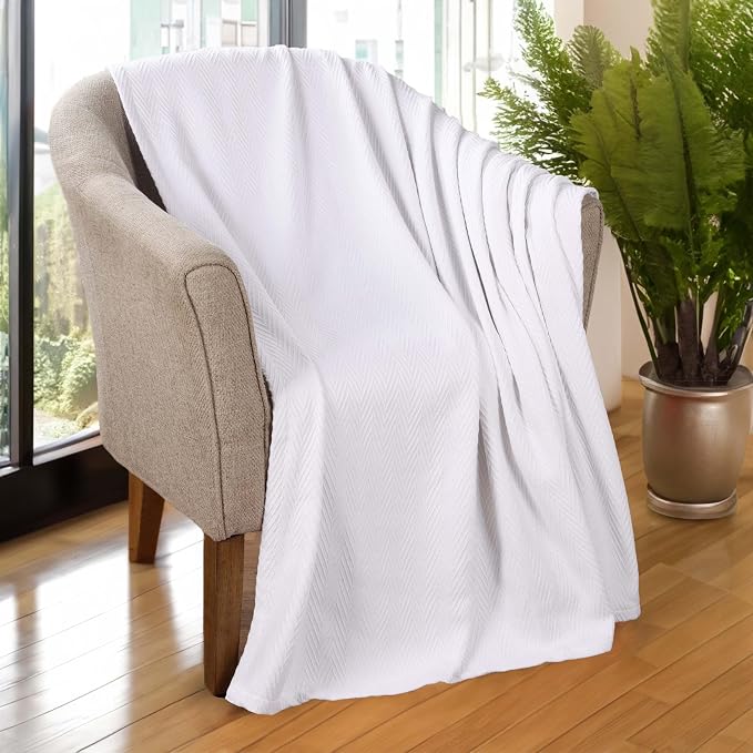 Superior Metro All-Season Cotton Blanket, Woven Blanket for Couch, Bed, Bedding, Farmhouse, Home Essentials, Cute and Cozy Bohemian Blankets, Herringbone Weave, Full/Queen, White