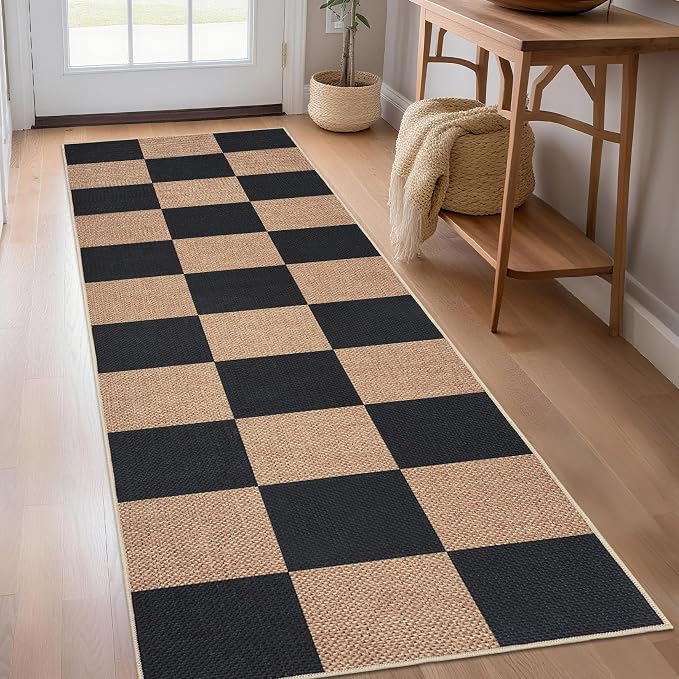 COZYLOOM 2x6 Bathroom Runner Rug Machine Washable Area Rugs for Entryway Modern Checkered Jute Rug with Non Slip Backing, Stain Resistant Foldable Geometric Mats for Kitchen, Brown