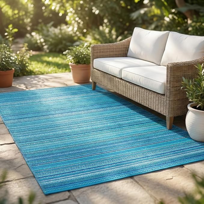 FH Home Outdoor Rug - Waterproof, Fade Resistant, Crease-Free - Premium Recycled Plastic - Striped - Patio, Deck, Porch, Balcony, Laundry Room - Havana - Turquoise Crease Free - 4 x 6 ft
