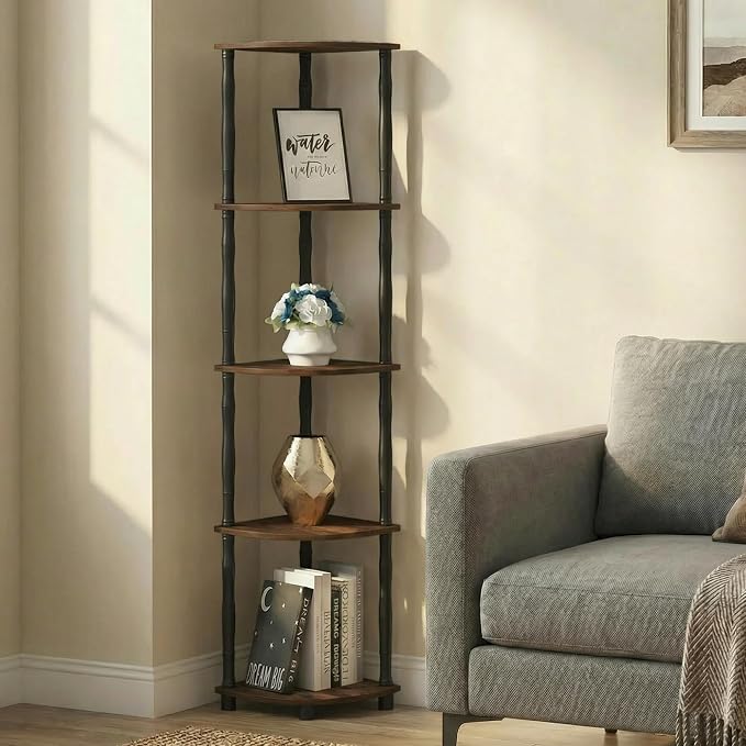 Furinno Turn-N-Tube Storage Shelves, 5-Tier Corner Book Shelf, Standing Corner Shelf, Toolless Open Shelves, Classic Tubes, for Organization and Storage, Living Room, Home Office, Amber Pine