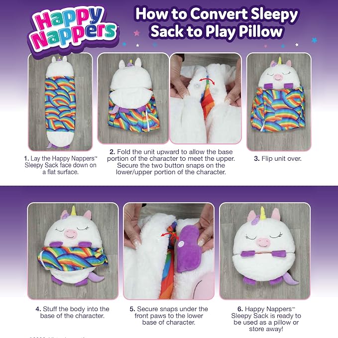 Happy Nappers 2-in-1 Pillow & Sleepy Sack Pink Unicorn, 54x20 Medium | Plush animal opens into a cozy sleeping bag for kids ages 3 and up. Machine washable, soft play pillow for napping at home