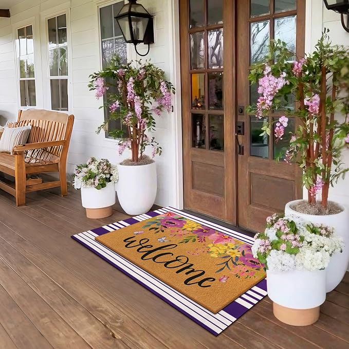 Tinideya 2 Pcs Door Mat Welcome Non Slip Coir Mats Floor Layering Doormats Seasonal for Front Porch Entryway Decor(Purple Flowers)