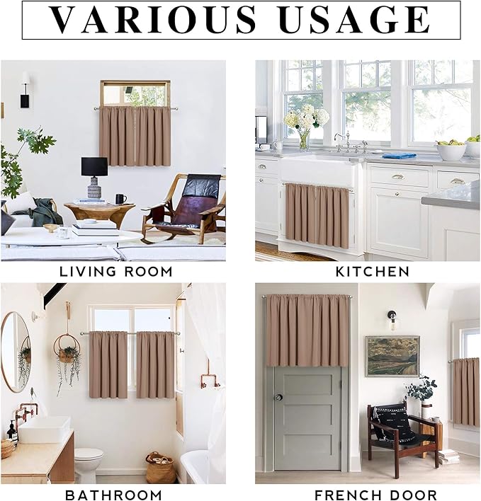 RYB HOME Short Blackout Curtains for Bedroom, Room Darkening Insulated Summer Heat Light UV Blocking Energy Saving Drapes for Nursery, Width 34 by Length 48, Mocha, Set of 2