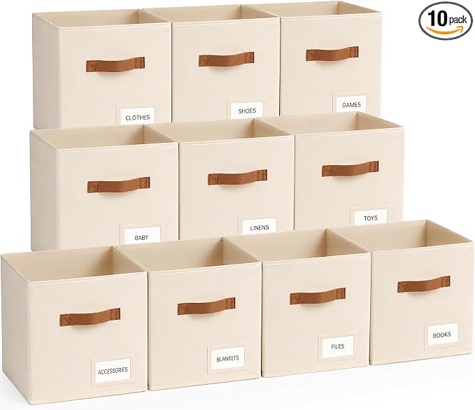 Storage Cubes 10 Pack, 11 Inch Fabric Storage Cubes Organizer Bins with Labels, Odor-Free & Sturdy PP Structure, Cubby Baskets for Closet, Shelves, Toys & Nursery (Beige)