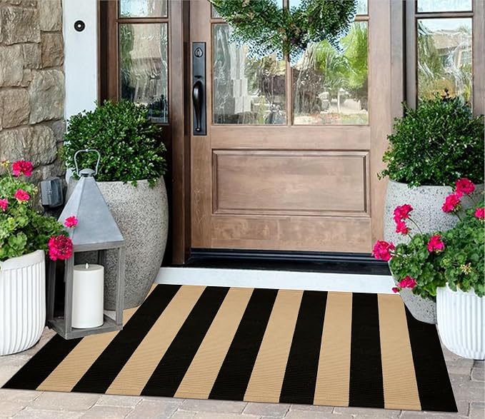 Front Porch Rug 24"x51",Black and Tan Striped Outdoor Rug Cotton Woven Washable Indoor Outdoor Doormat Farmhouse Small Area Rug for Porch/Entryway/Home Entrance Decor