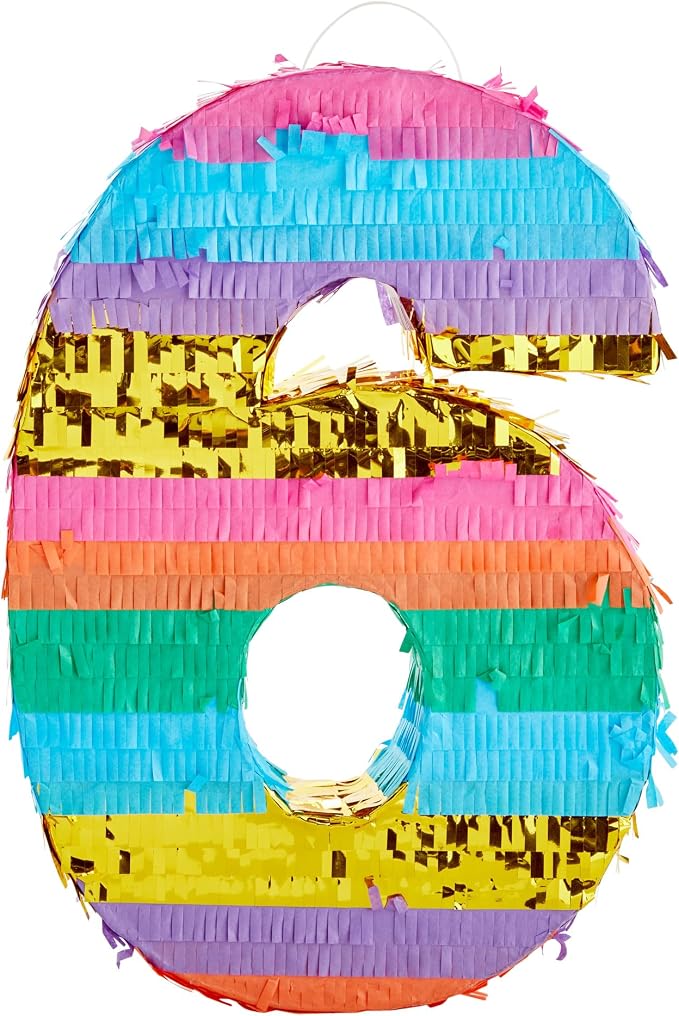 BLUE PANDA Rainbow Number 6 Pinata - Sturdy Corrugated Build & Easy Hang for Fiesta Party - Candy Filled 6th Birthday Party Surprise - Vibrant Tie-Dye Items for Kids - Small (16.5x11x3 In), Blue/White